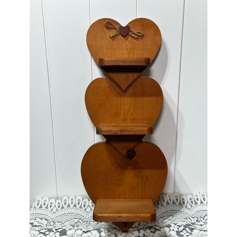 Vintage Wooden Triple Heart Wall Shelf Rustic Country Farmhouse Decor 3 Tier